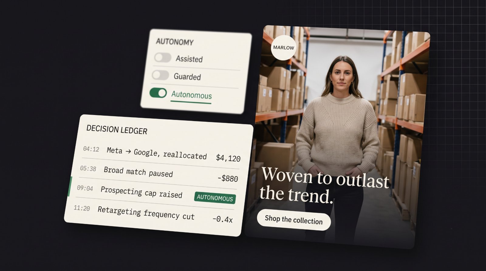 Sturnix reallocating a Marlow account autonomously — $4,120 moved from Meta to Google, broad match paused, prospecting cap raised, retargeting frequency cut